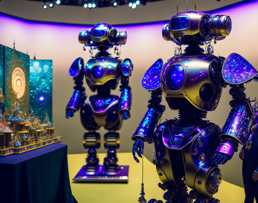 Futuristic gold and blue robots in colorful exhibition display