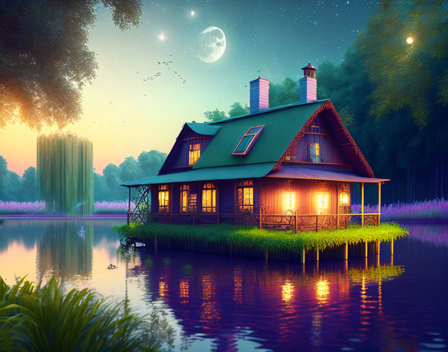 Tranquil lakeside house at dusk with warm lights, lush greenery, starry sky,