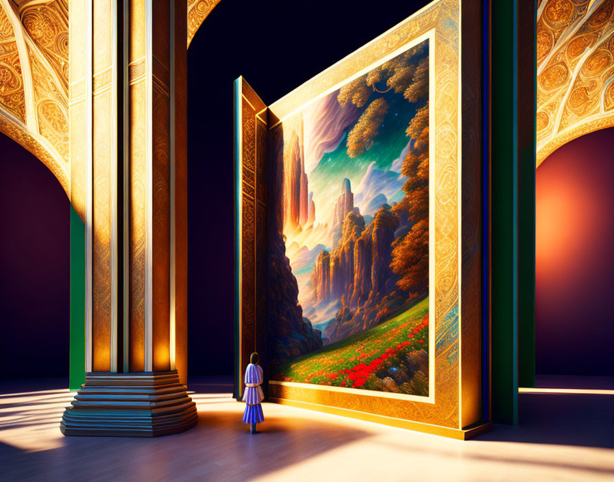 Person admiring landscape painting in ornate frame within grand hall