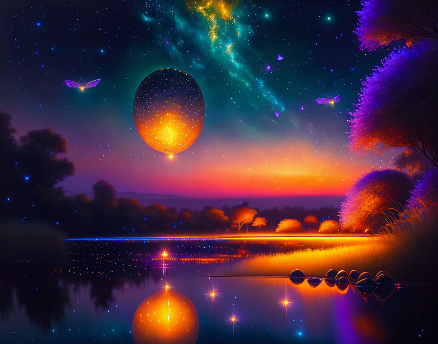 Colorful digital art: sunset, glowing orbs, starry sky, galaxy, lake, trees,