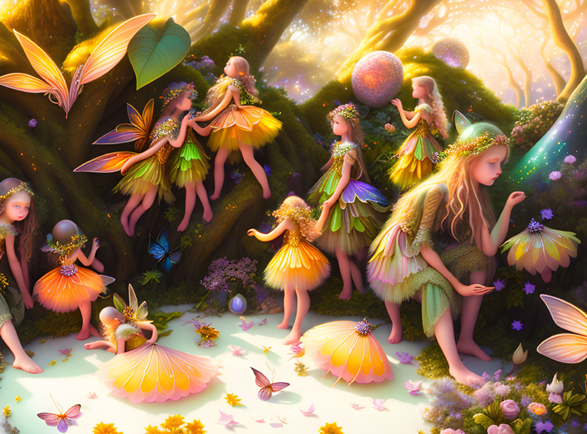 Fairies with Butterfly Wings in Enchanted Forest