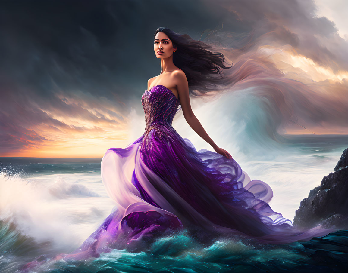 Woman in Purple Dress on Rocky Shore at Sunset