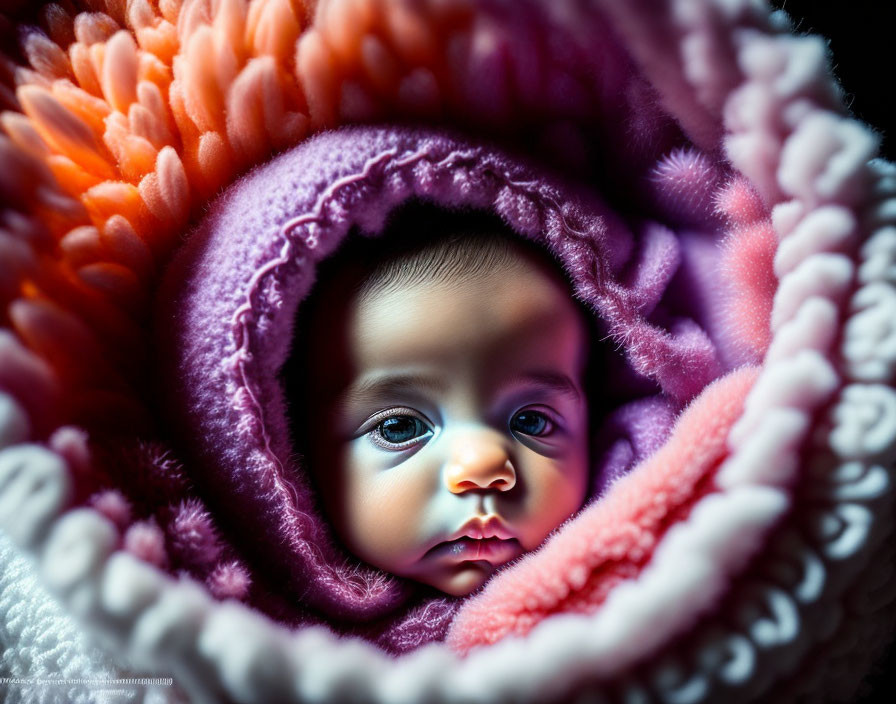 Infant wrapped in vibrant textured blanket on dark backdrop