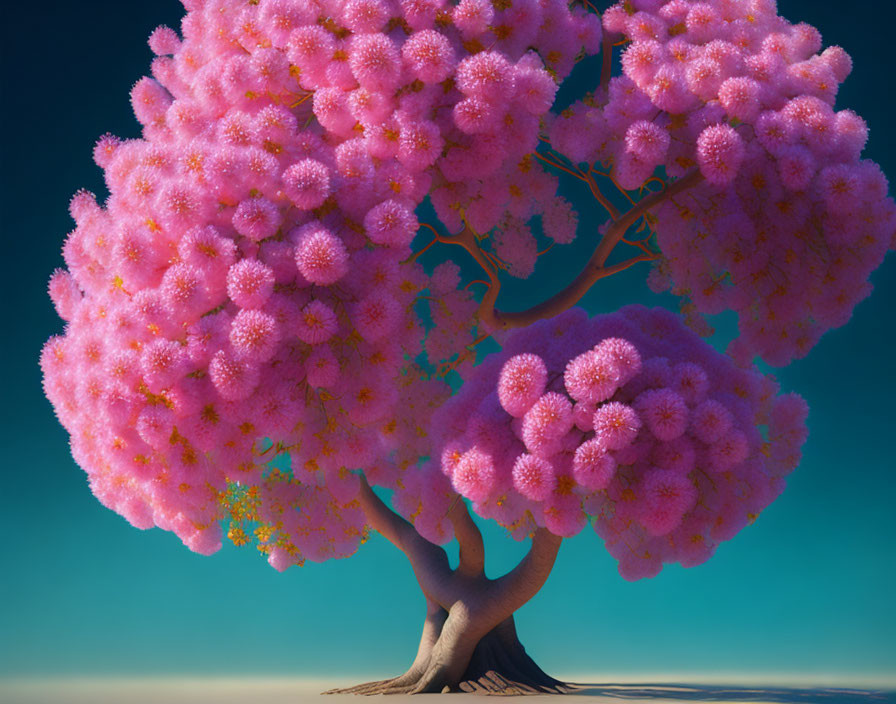 Colorful illustration of a thick-trunked tree with pink blossoms under a blue sky