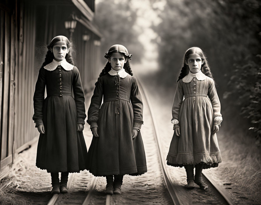 Vintage dresses and bonnets: Three girls on railroad track in sepia-toned setting