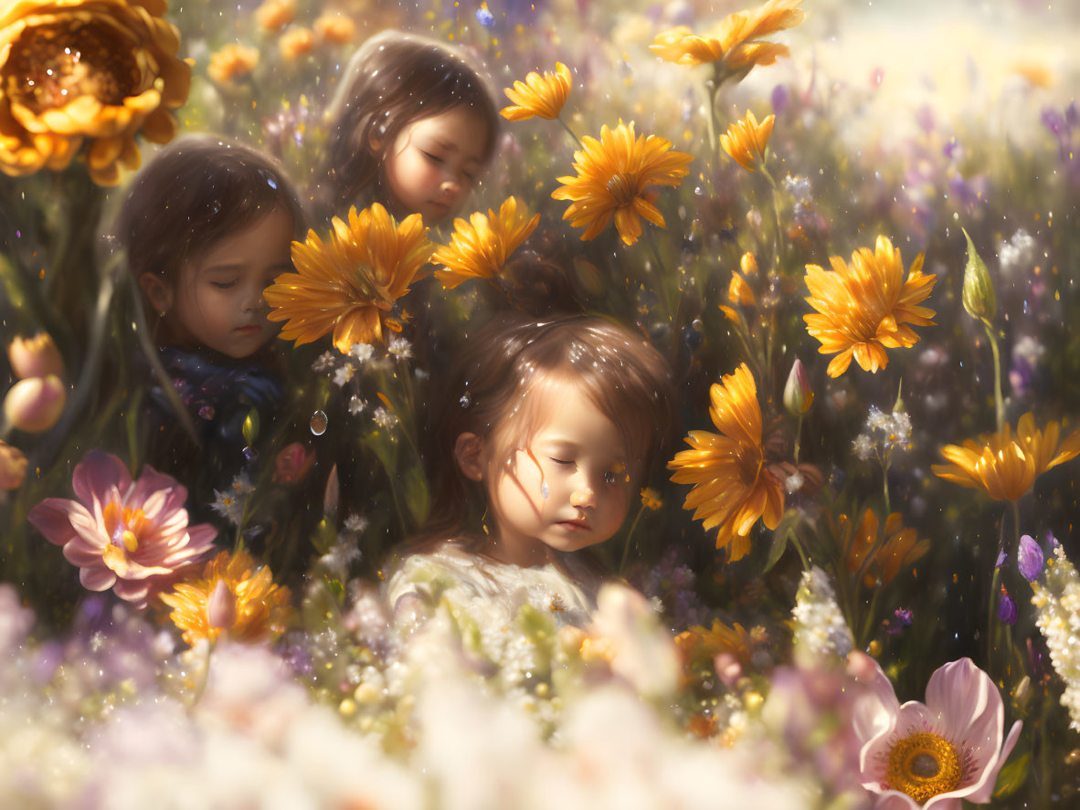 Children in Sunlit Flower Field: Dreamy, Vibrant Atmosphere