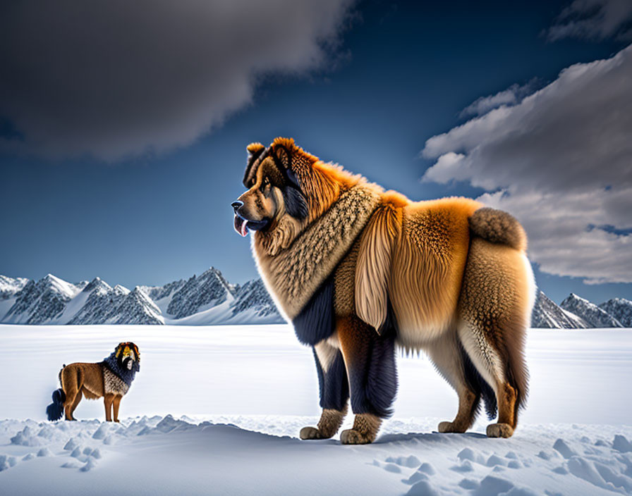 Fluffy dogs on snow-covered landscape with mountains