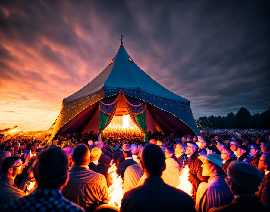 Vibrant circus tent at dusk with large crowd