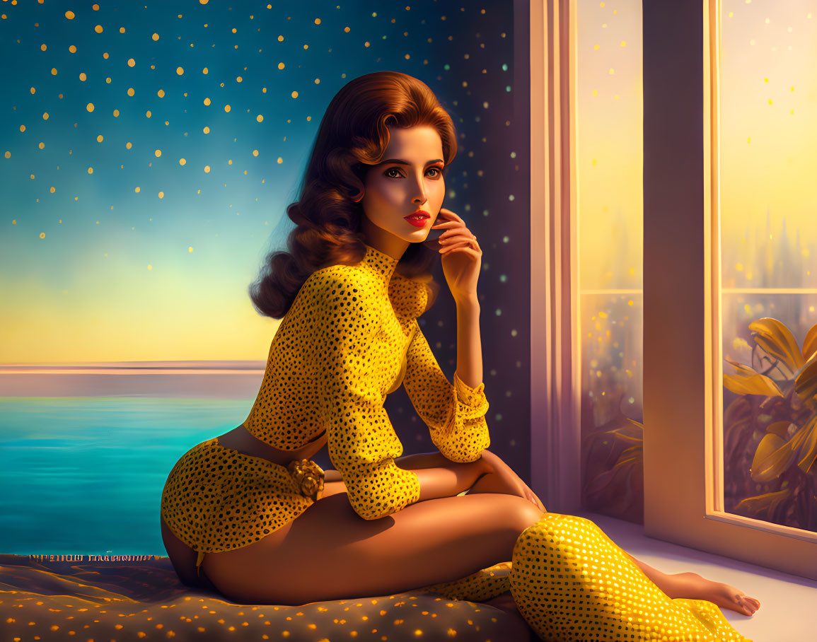 Woman in yellow attire sitting by window at twilight with starry sky and city skyline.