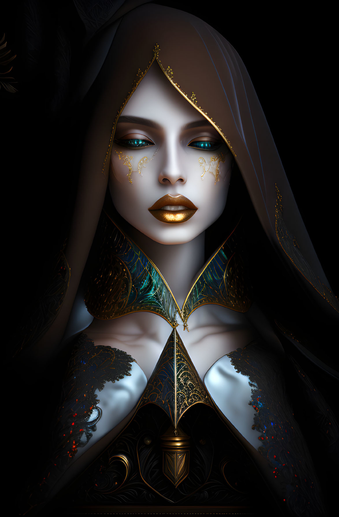 Digital artwork: Woman with ivory skin, green eyes, golden facial adornments, hooded robe with