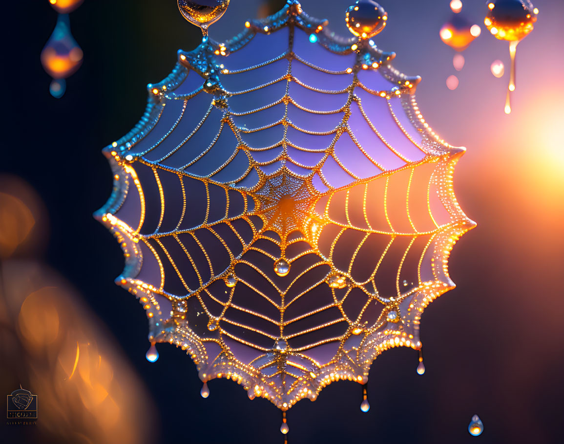 Shimmering Dewdrops on Spider Web with Bokeh Lights