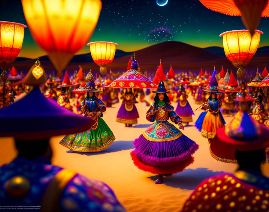 Vibrant lantern festival in desert with ornate figures and twilight sky