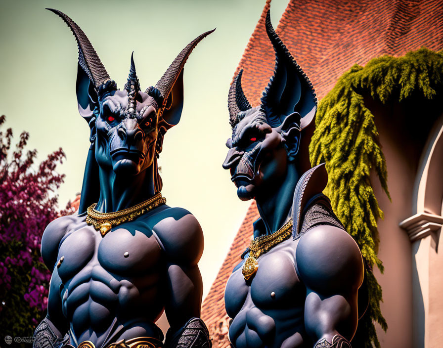 Menacing muscular horned creature statues with gold necklaces.