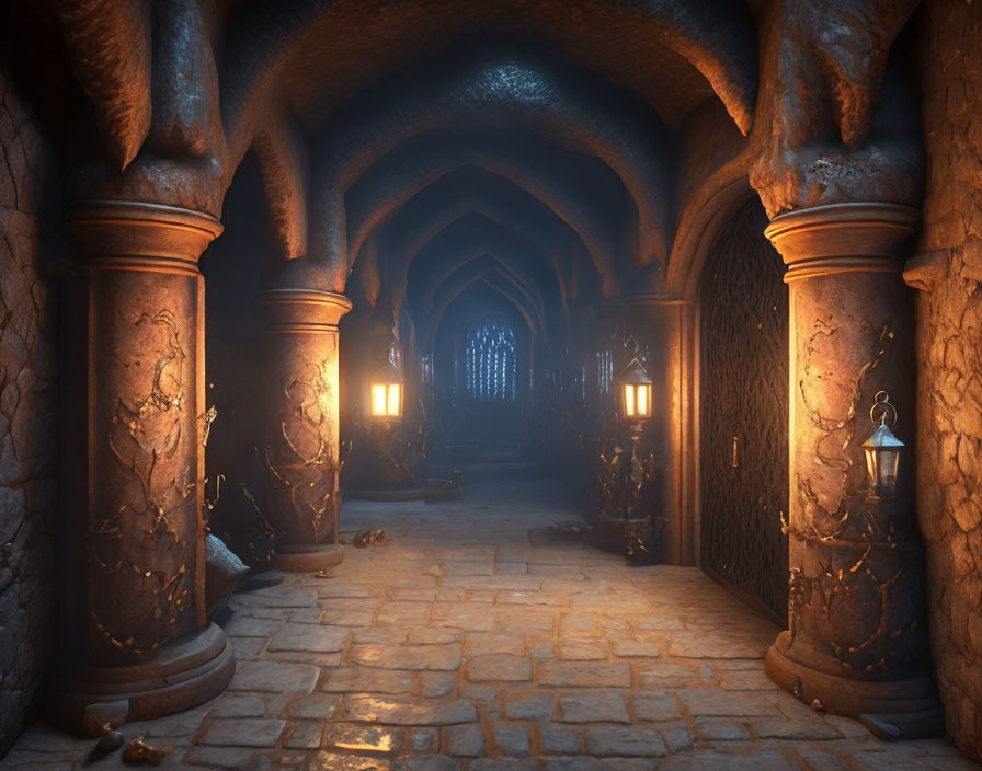 Medieval dungeon corridor with arched stone walls and torches