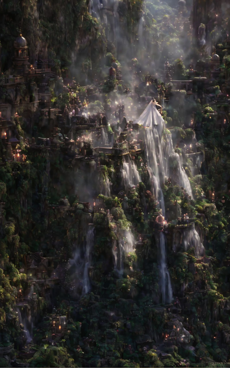 Fantasy Waterfall City with Mystical Structures and Lush Greenery