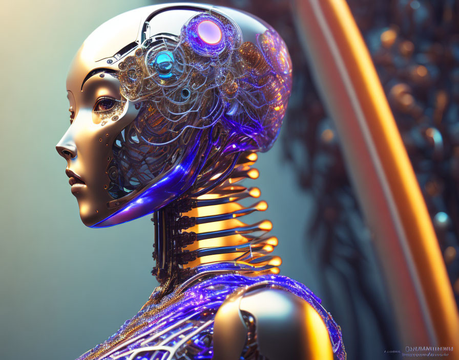 Detailed 3D illustration of futuristic female robot with exposed mechanical brain and gold & blue chassis