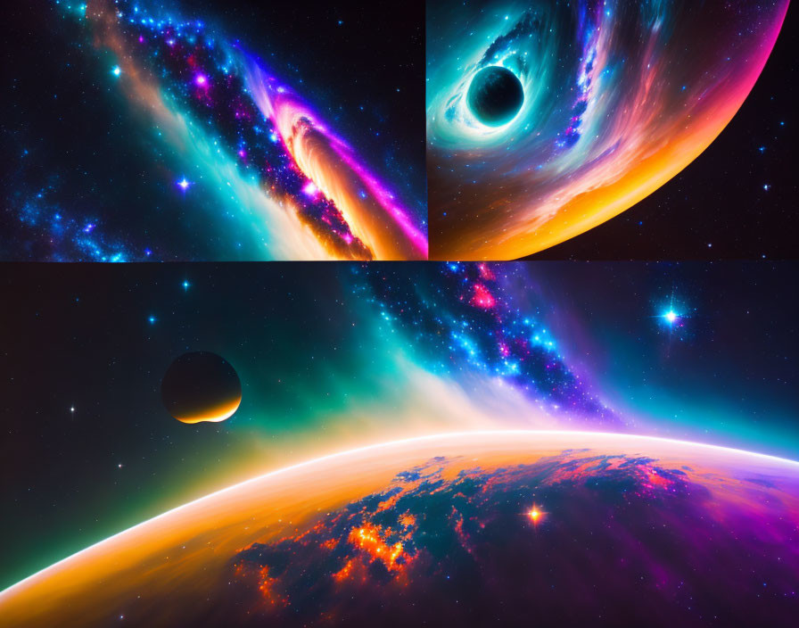 Composite Image: Black Hole, Galaxy, Stars, Planet in Space