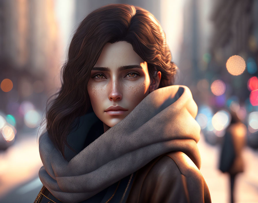 Young woman's digital portrait with expressive eyes and dark hair in a scarf against city lights.