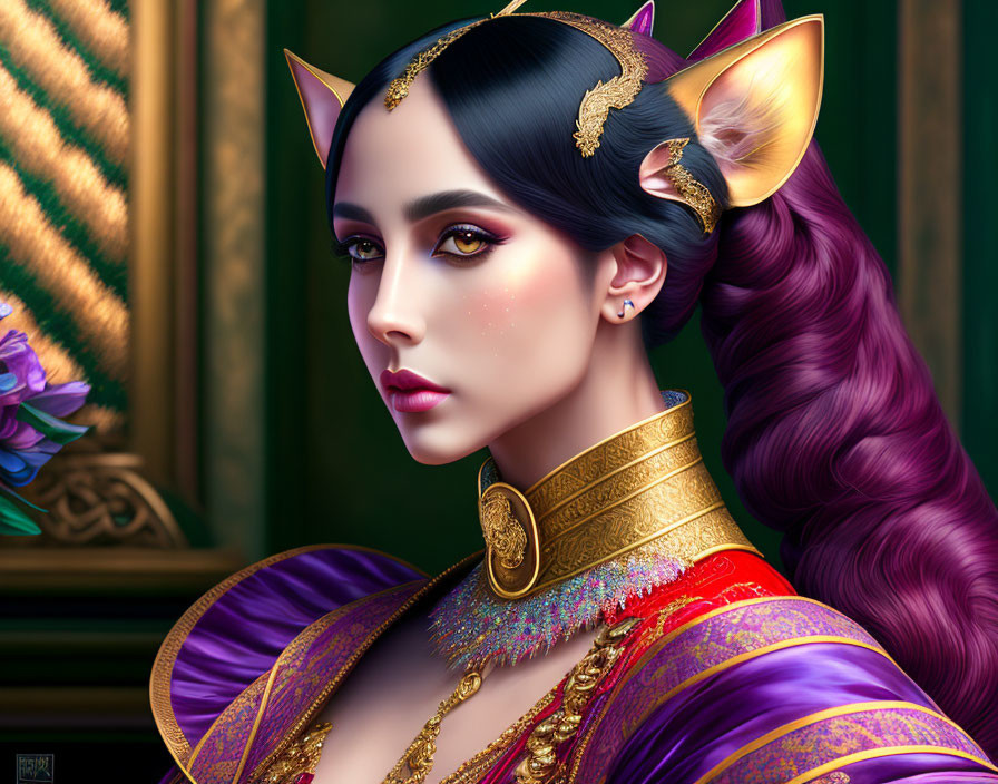 Fantasy portrait: Woman with elfin features, golden ear accessories, purple hair, ornate clothing