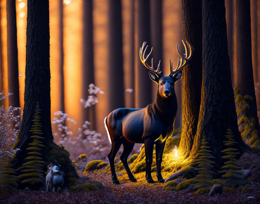 Majestic stag with impressive antlers in mystical forest