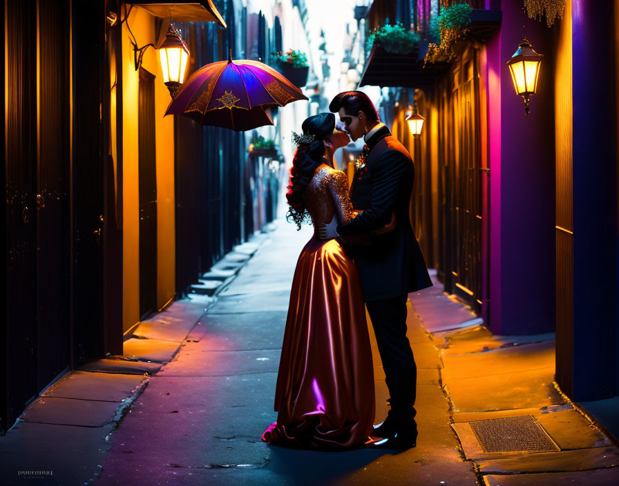 Romantic couple embraces under purple umbrella in alleyway