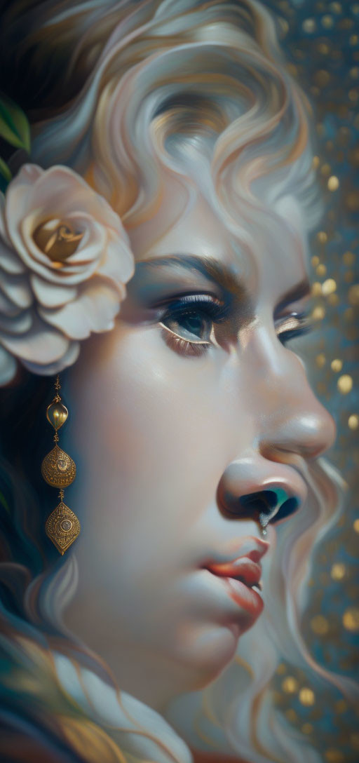 Detailed portrait of woman with wavy hair and white rose, intricate earring, contemplative expression on