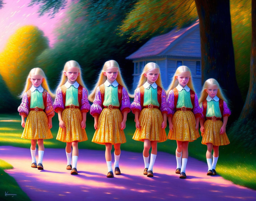 Blonde girls in colorful dresses walk in row on sunlit path