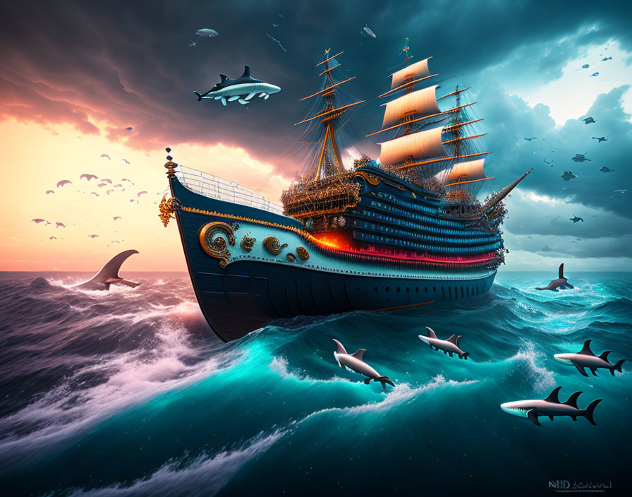 Digital artwork: Ornate ship sailing turbulent seas with flying fish and colorful sky