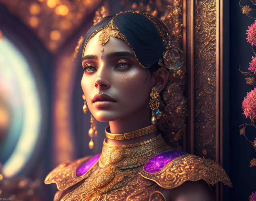 Detailed digital artwork of woman in ornate gold jewelry and traditional attire