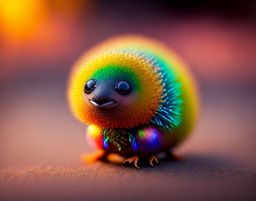 Colorful fluffy creature with big eyes and gentle smile in vibrant gradient setting