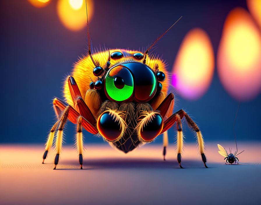 Detailed Close-Up Illustration: Colorful Jumping Spider and Tiny Fly in Bokeh Light Background