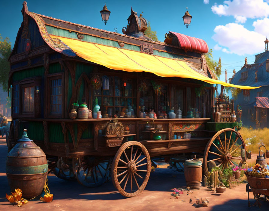 Whimsical potion shop on wheels with colorful display