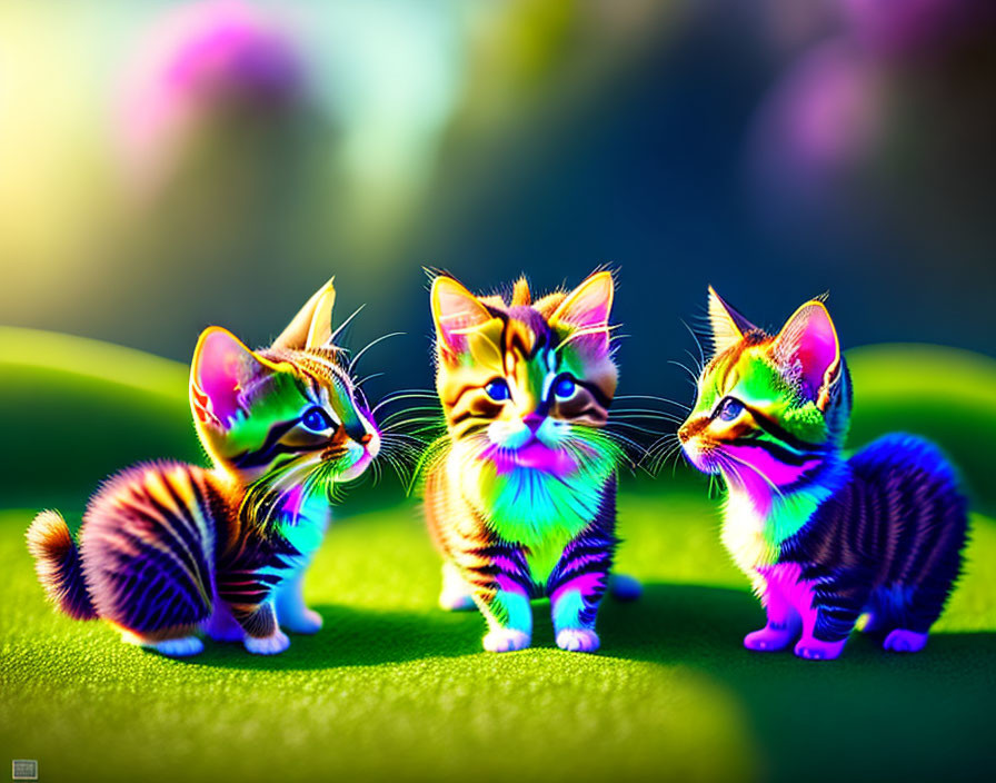 Colorful Kittens with Exaggerated Features on Green Surface