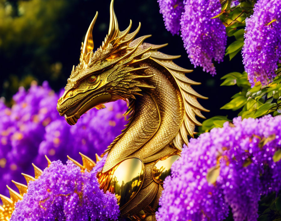 Golden Dragon Statue Among Vibrant Purple Flowers and Greenery