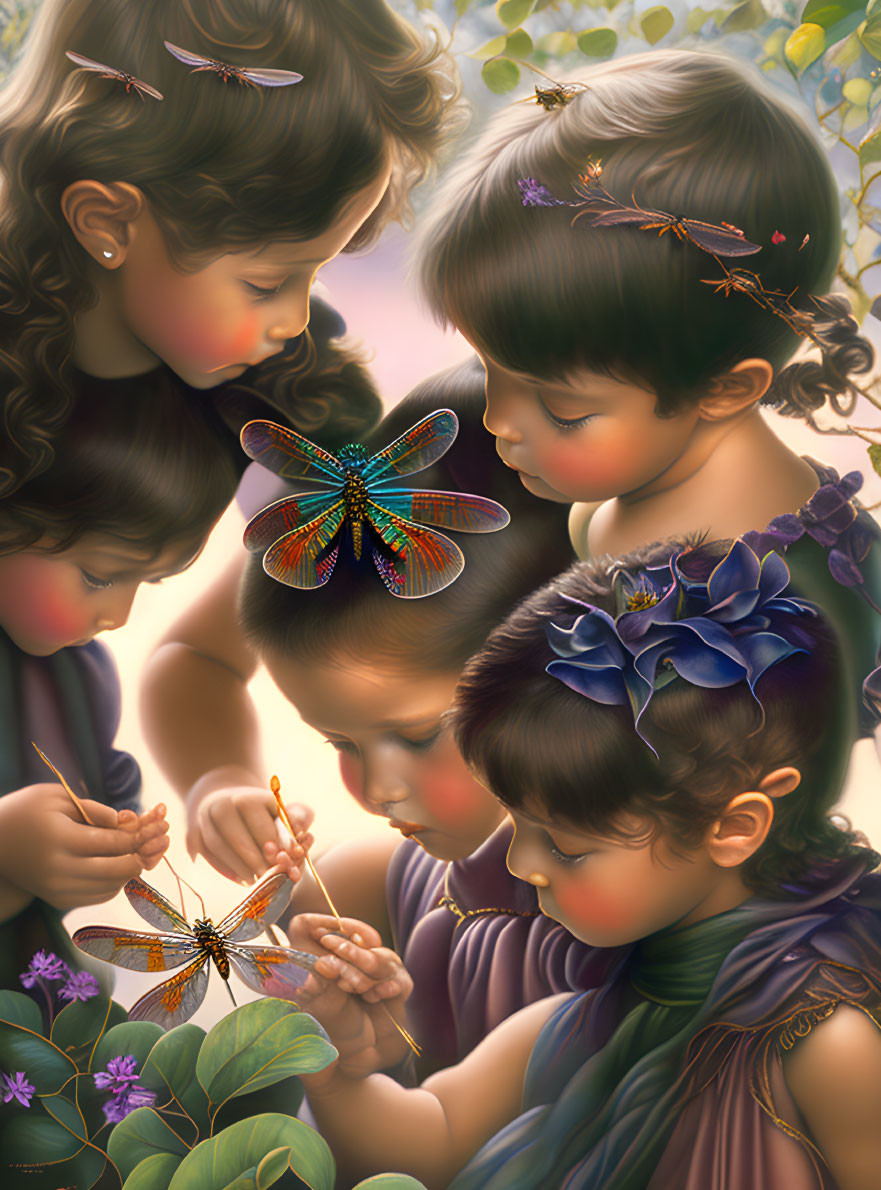 Fantasy-themed painting: Four children mesmerized by colorful dragonflies in a soft, glowy backdrop