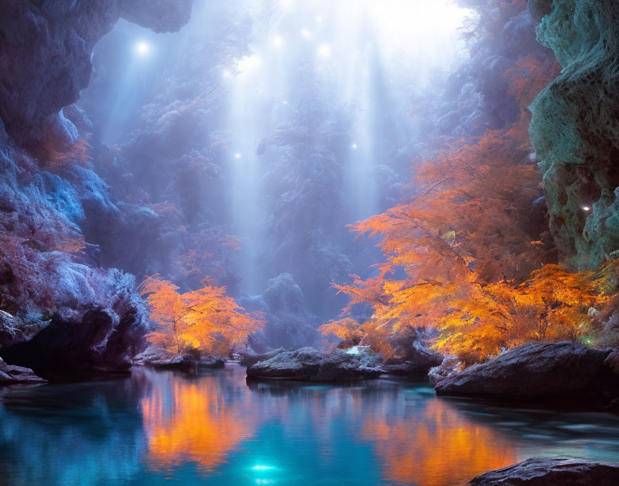 Vibrant orange foliage in mystical forest with cave and turquoise waters