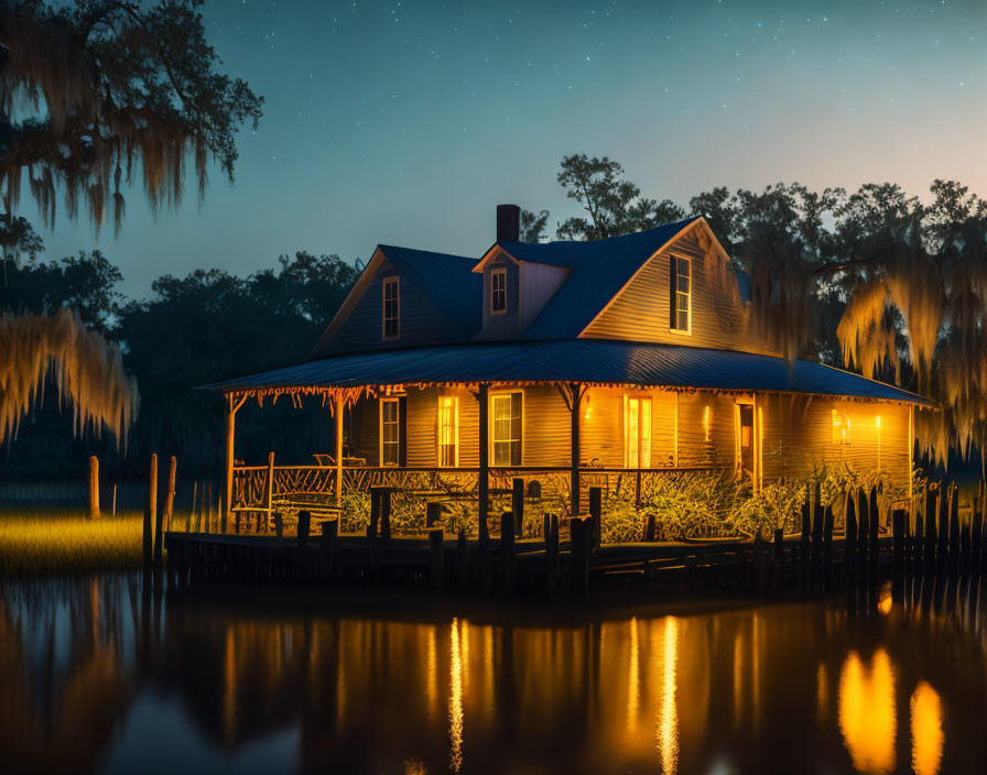 Cozy blue house with porch near water under starry sky