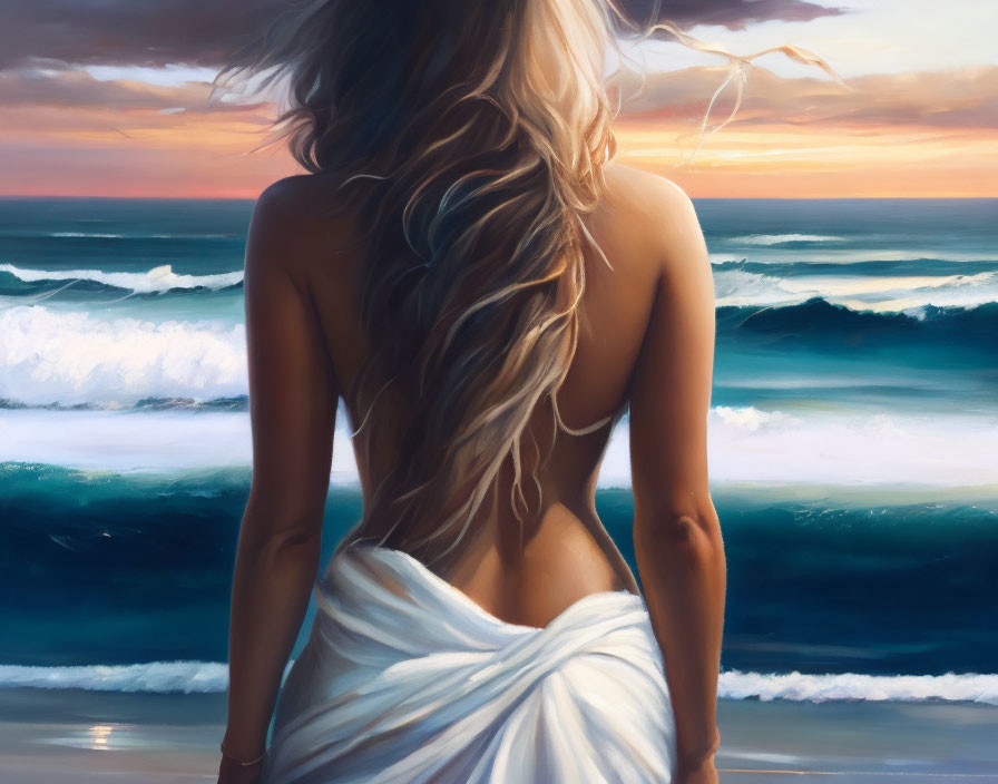 Blonde woman by the sea at sunset with wavy hair