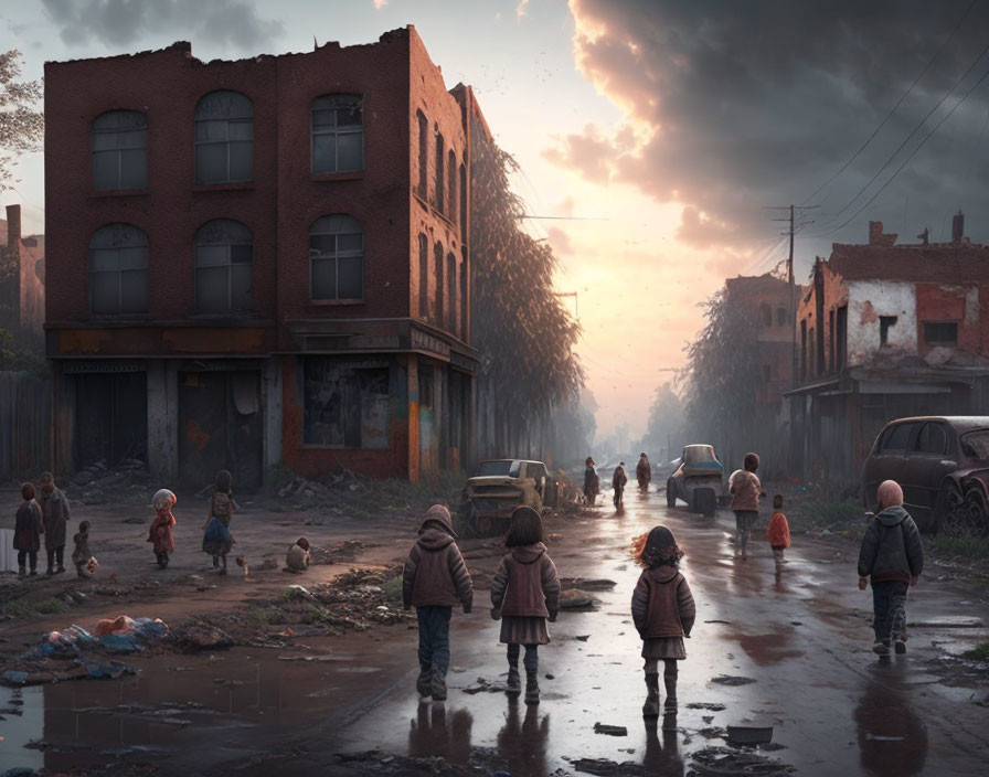 Desolate urban street at sunset with vintage-clad children and run-down buildings