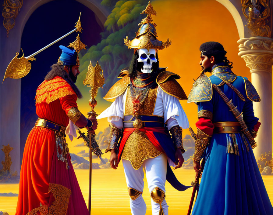 Three animated characters in fantasy armor with skull mask, in grand palace setting