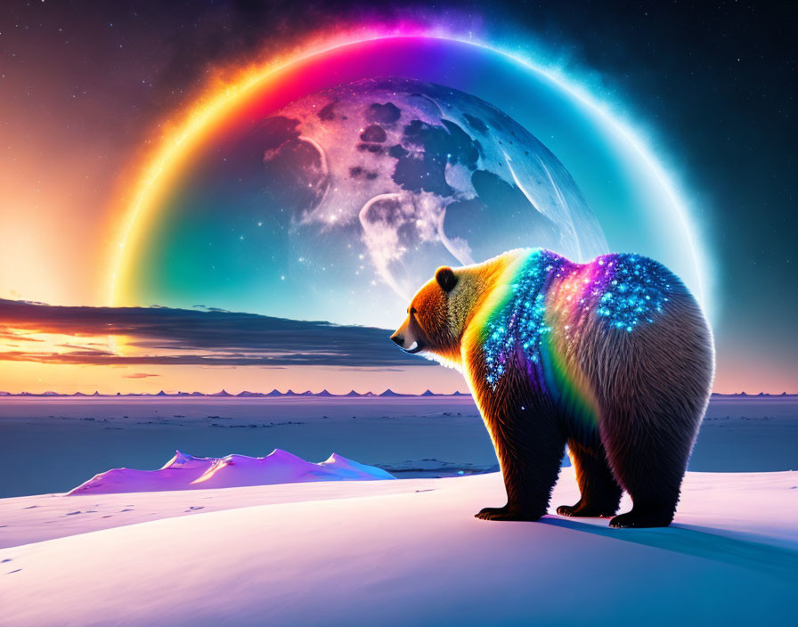 Colorful Bear with Glowing Body in Snowy Landscape with Large Rainbow Planet