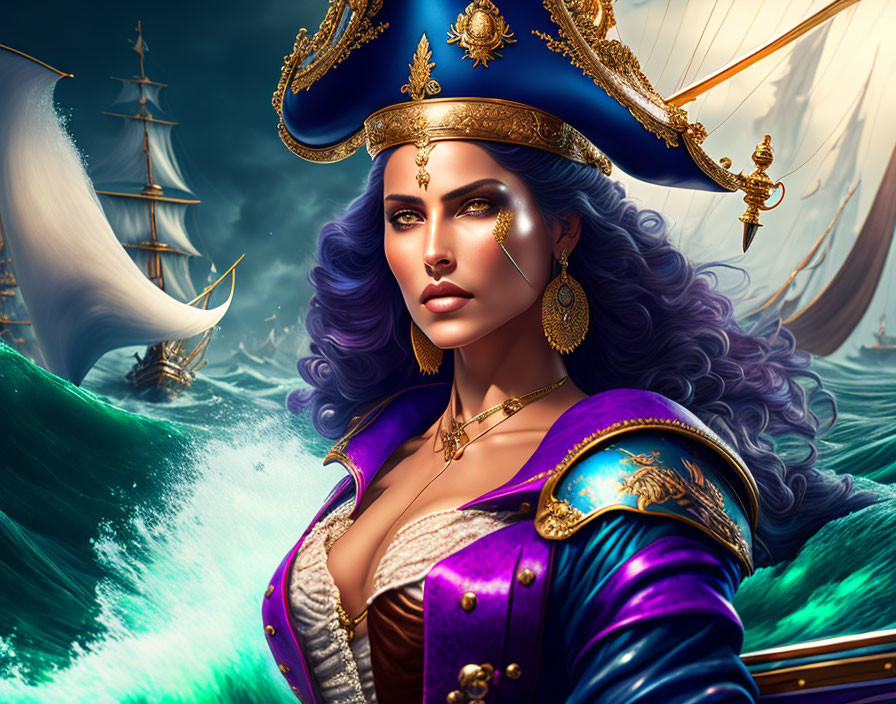 Female pirate with purple hair and golden accessories on stormy seas.