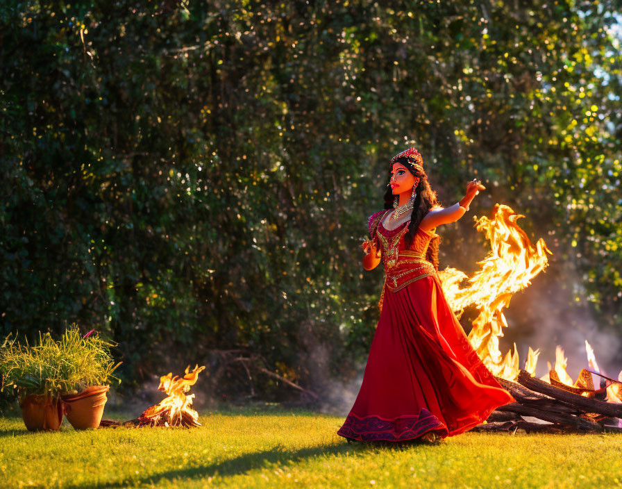 Woman in red traditional dress dancing near fire in sunlit garden