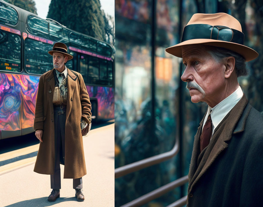 Elderly man in brown overcoat and fedora near colorful double-decker bus