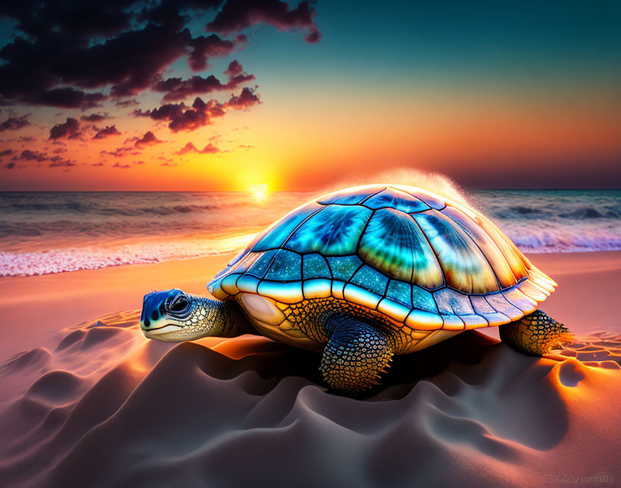 Colorful Turtle with Sunset Shell on Beach at Sunset