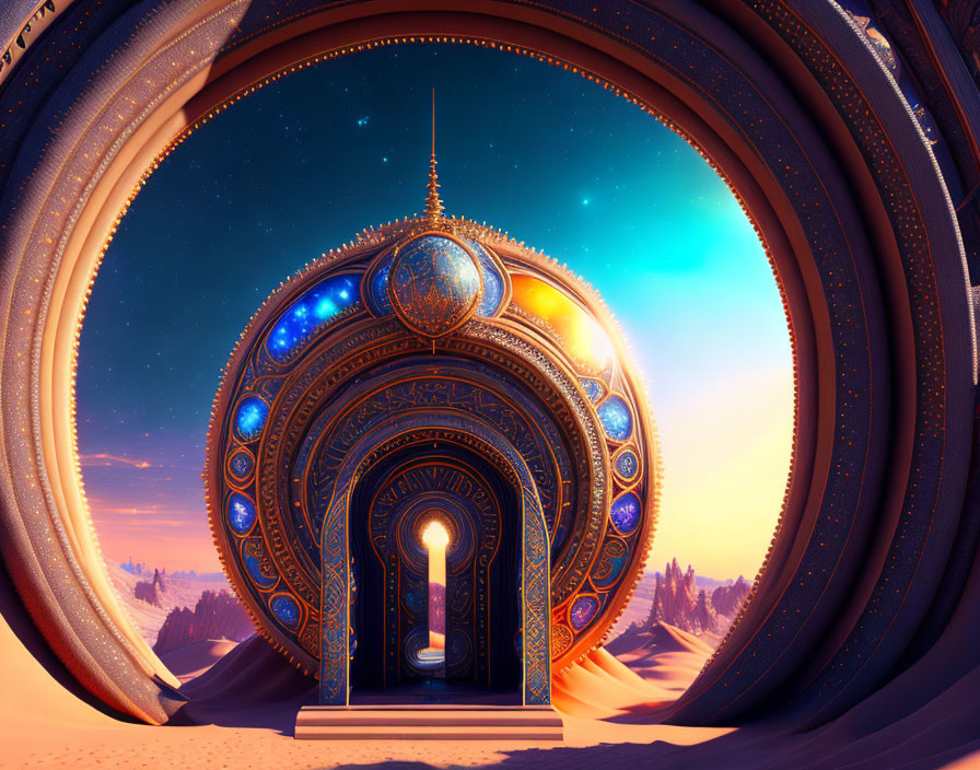 Futuristic ornate archway in desert under starry sky at dusk.