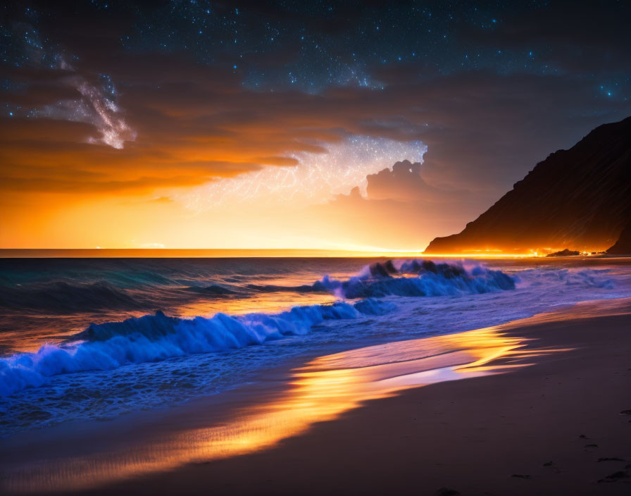 Scenic beach sunset with orange waves, twinkling stars, and mountain silhouette