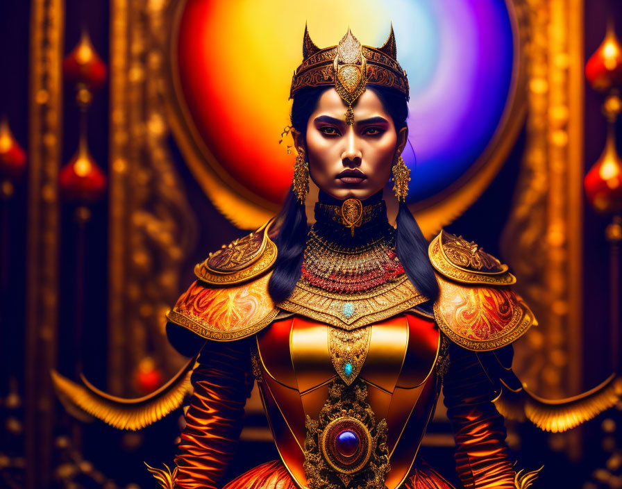 Regal Woman in Golden Armor and Crown with Warm Glowing Lights