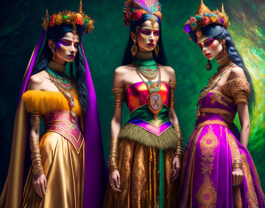 Fantasy-themed image featuring three women in purple and gold costumes