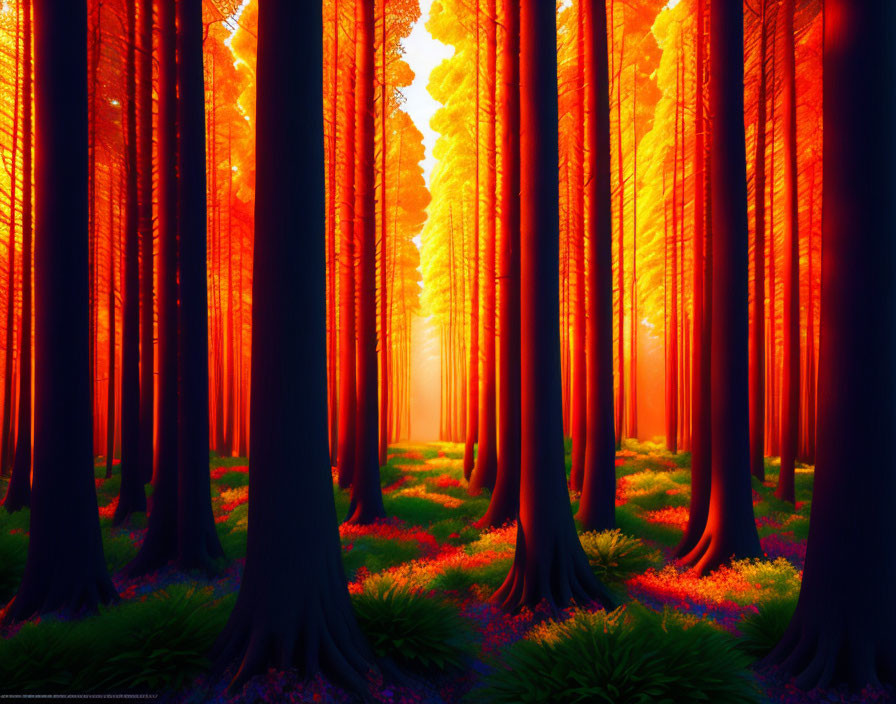 Mystical forest scene with tall tree trunks and ethereal orange glow